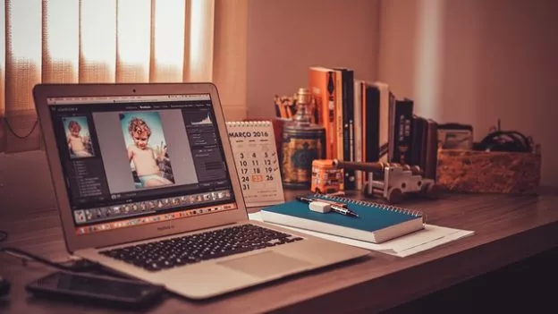 A home office with a laptop