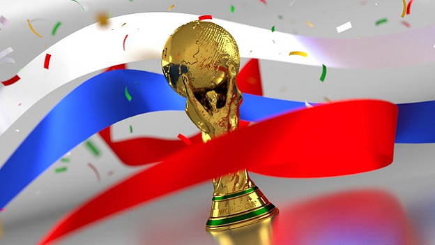 The world cup in front of a Russian flag