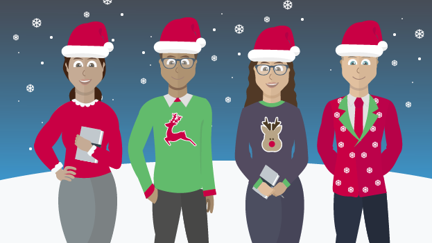 Illustration of people wearing Christmas jumpers and hats