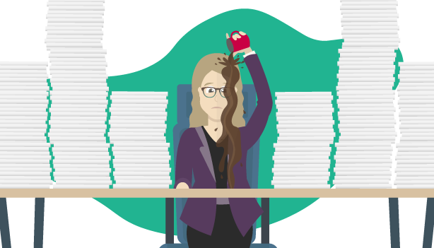 Illustration of stressed woman pouring coffee over her head