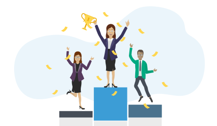 illustration of 3 people on platforms holding trophies