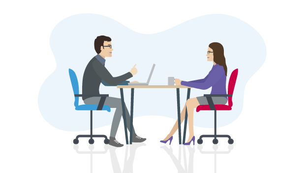 illustration of two people talking on a desk