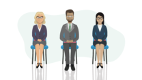Illustration of three people in suits sitting on chairs