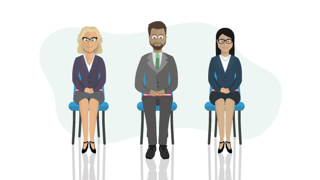 Illustration of three people in suits sitting on chairs