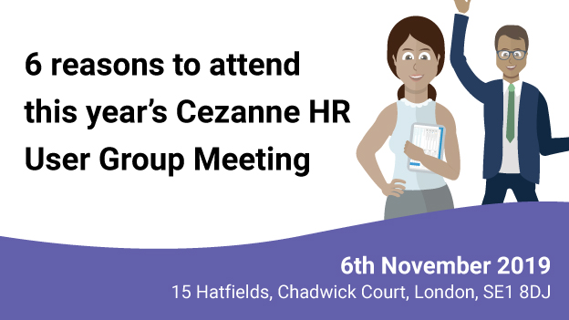 Illustration of two employees and the date and venue of the Cezanne HR user group event