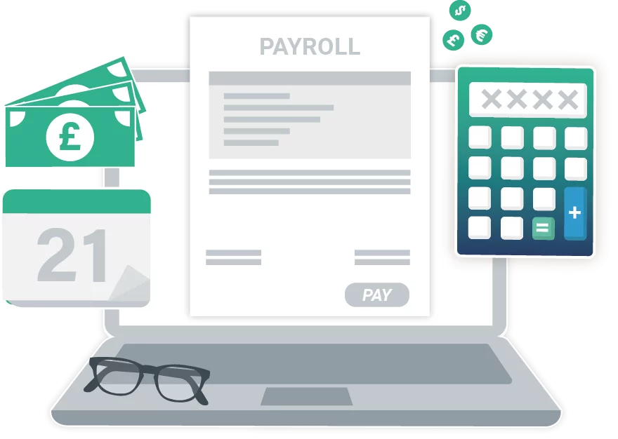 Vector image of pay slip, money and a calculator