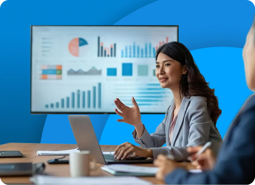 An Hr professional conducting a presentation in front of a large screen