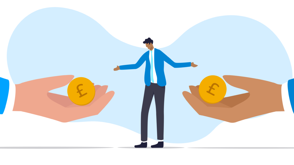A decorative illustration of an office worker being offerded coins